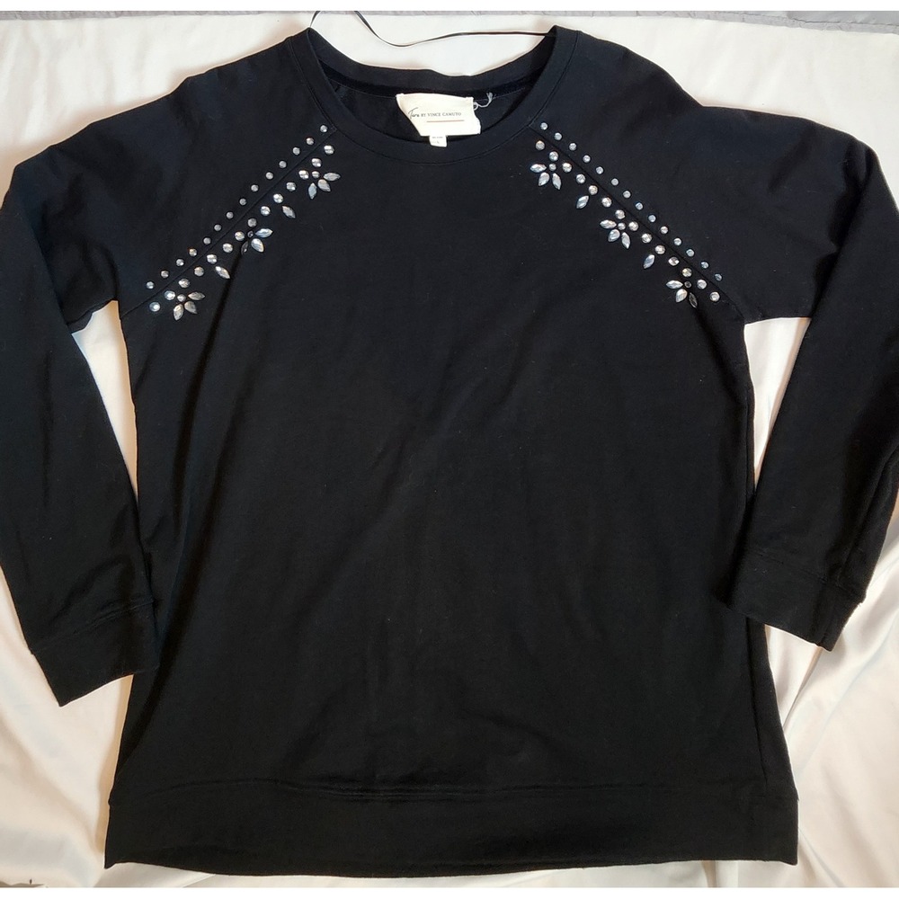 Two by Vince Camuto Black Embellished Sweatshirt Rhinestone Studded Glam Large